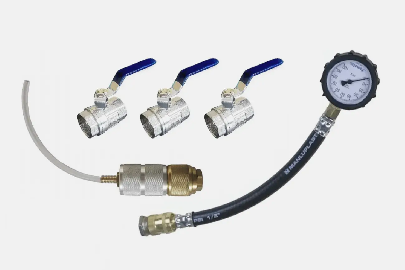 Equipamentos para testes hidrostáticos (registro, manômetro e pulsadora)